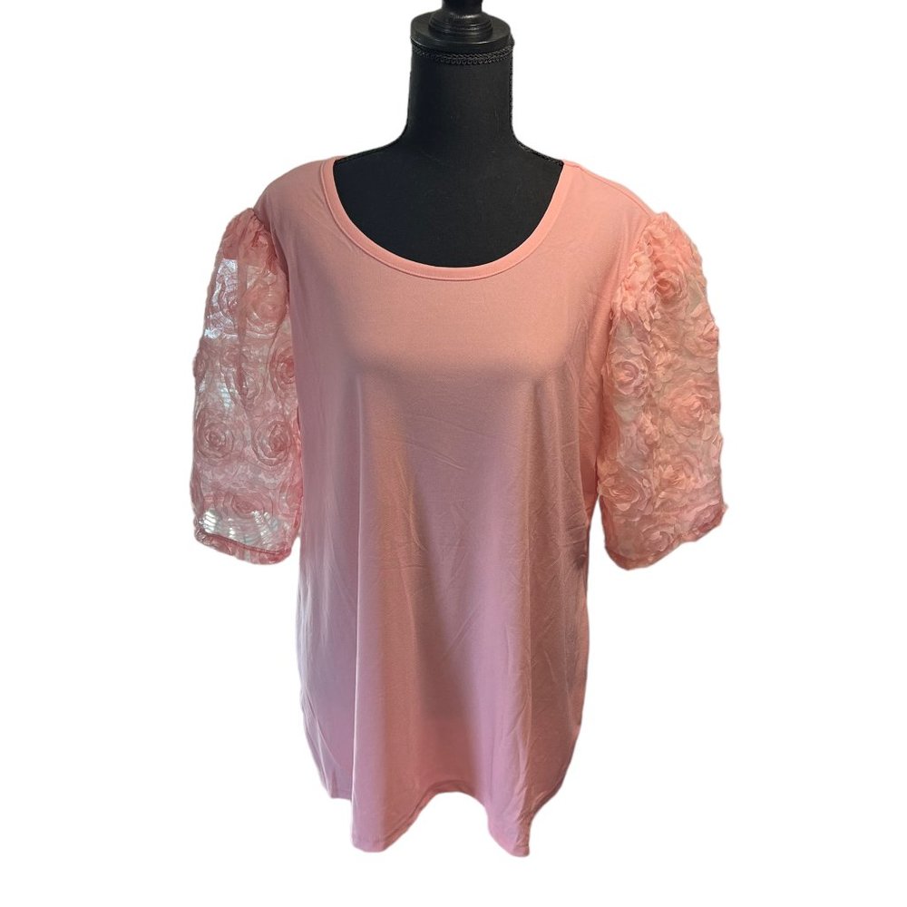 A Love Story Womens Pullover Lace Floral Puff Sleeve Solid Pink 2X
